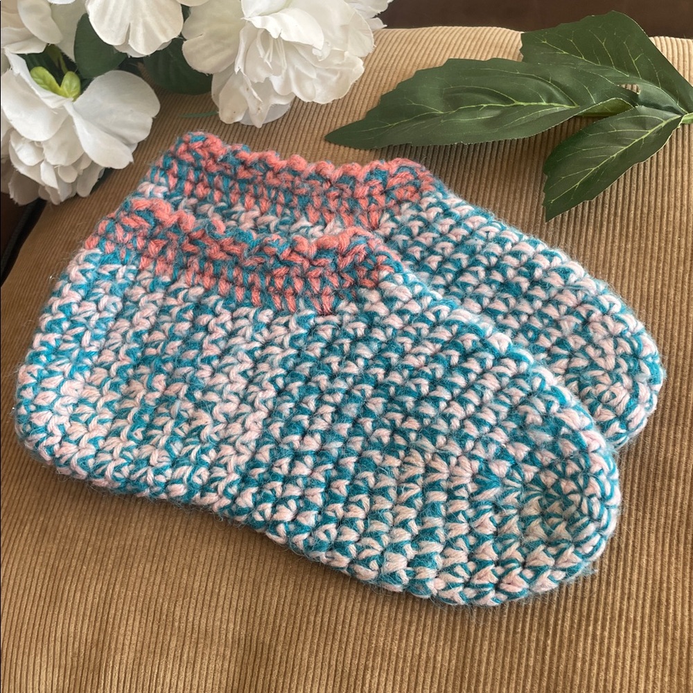 Handmade Blue & Pink Crochet Slippers 5-6